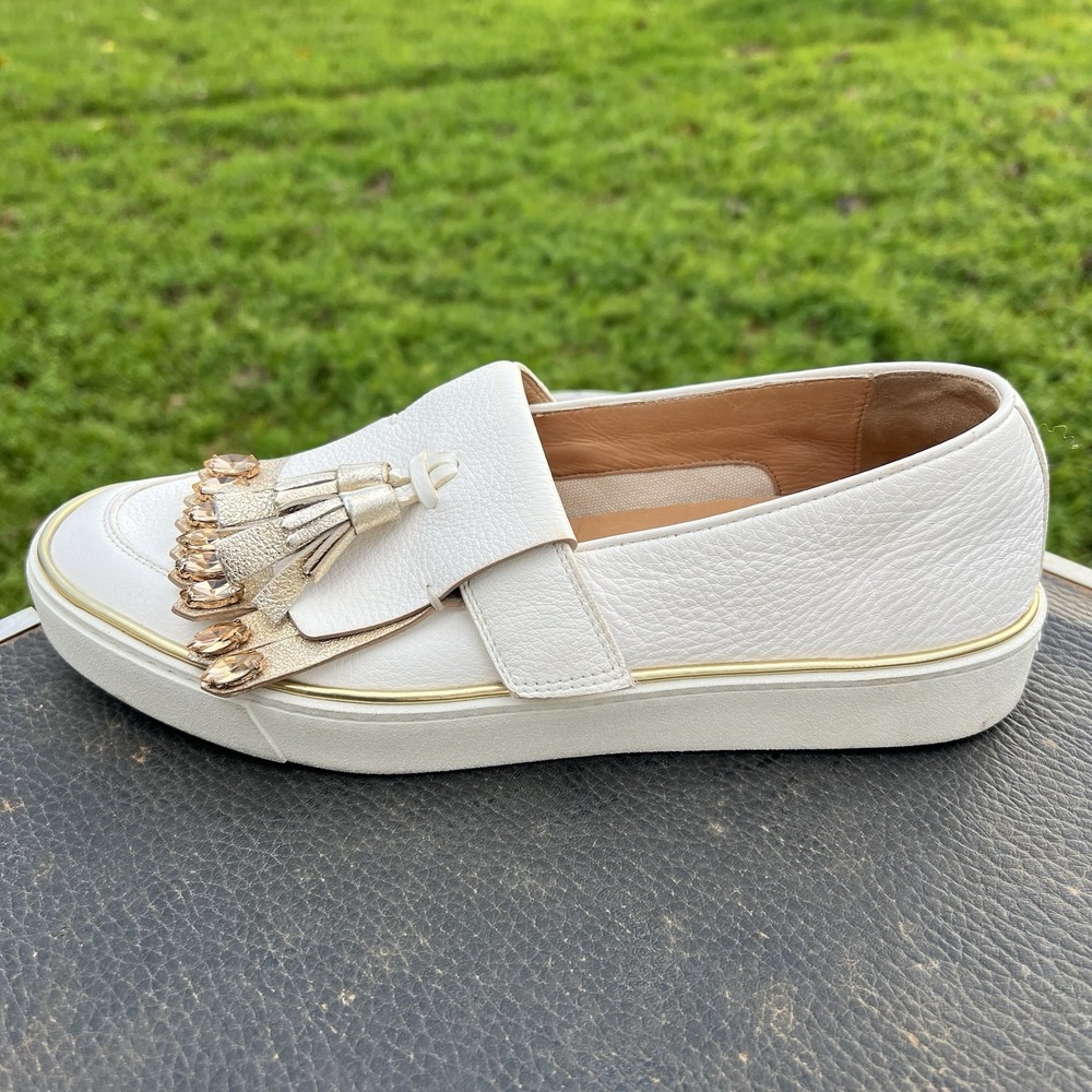 Santoni Womens US 8 EU 38.5 White Leather Loafer Slip On Shoe Strap Jewel - Picture 11 of 13